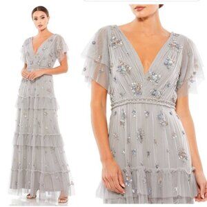 NEW Mac Duggal Ruffle Tiered Embellished Flutter Sleeve Gown 8 Platinum 9068